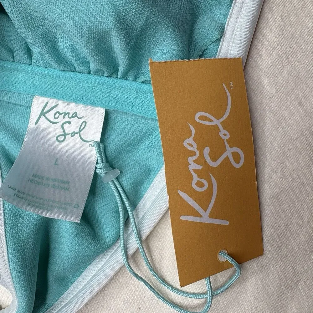 Kona Sol Light Blue Terry Textured Solid Bandeau Bikini Top Turquoise Size L New